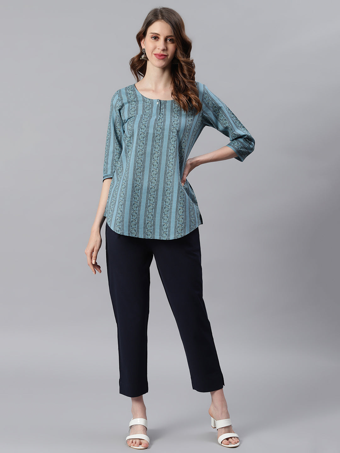 Janasya Women's Blue Cotton Floral Print Straight Tunic