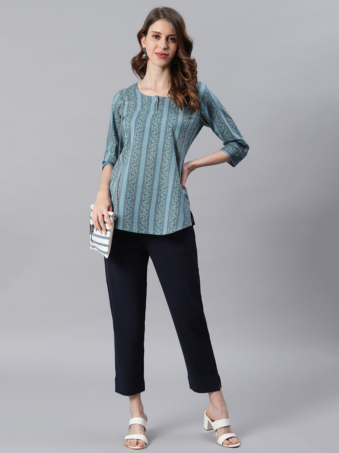 Janasya Women's Blue Cotton Floral Print Straight Tunic