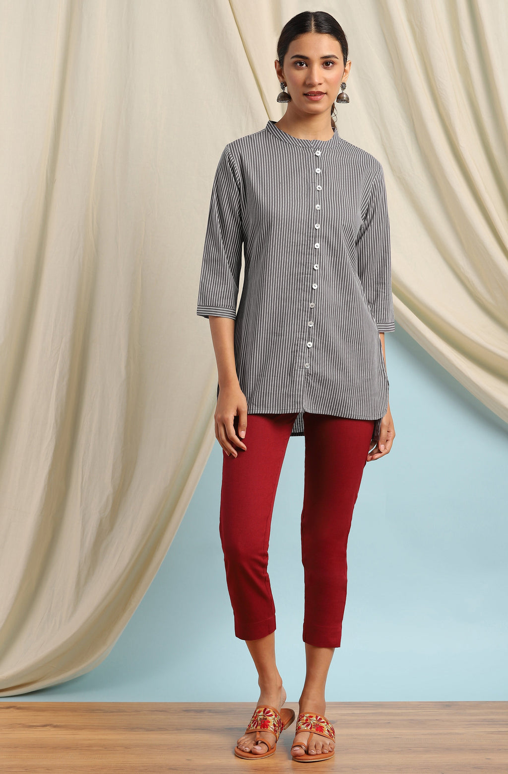 Janasya Women's Grey Cotton Striped High Low Tunic