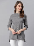 Janasya Women's Grey Cotton Striped High Low Tunic