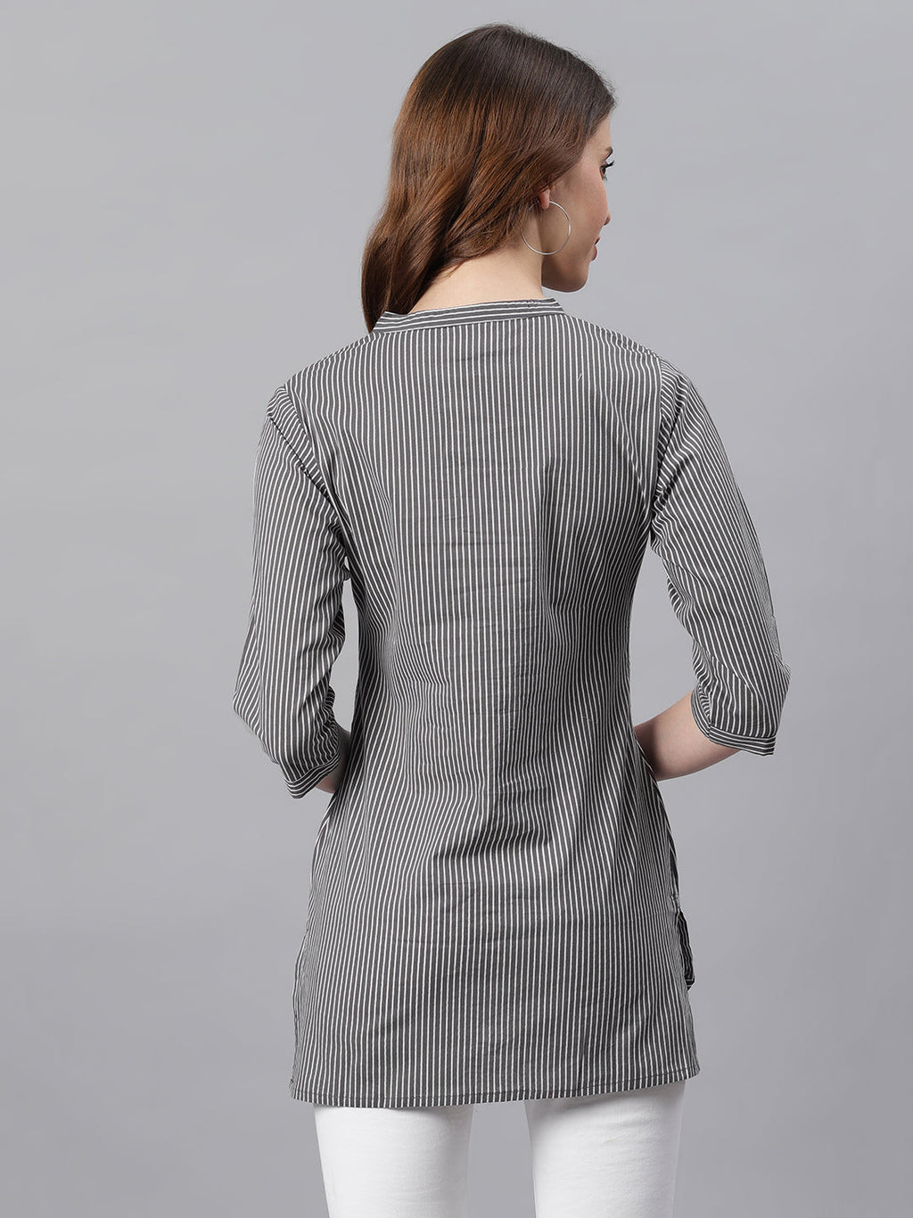 Janasya Women's Grey Cotton Striped High Low Tunic