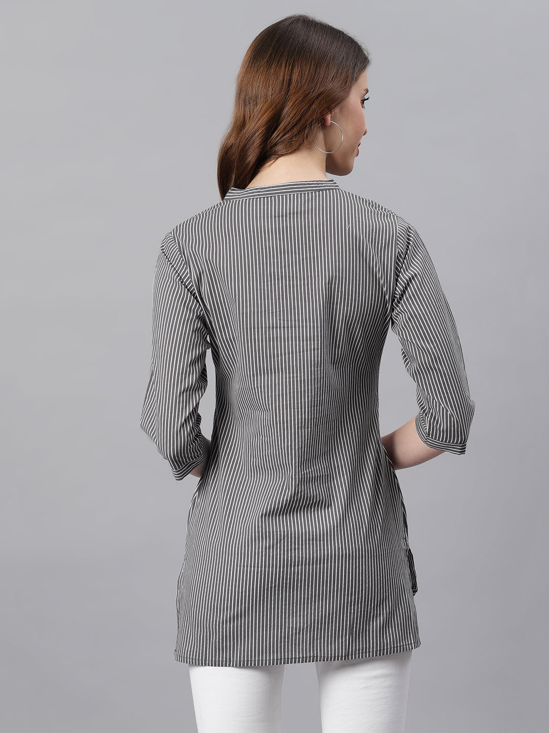 Janasya Women's Grey Cotton Striped High Low Tunic