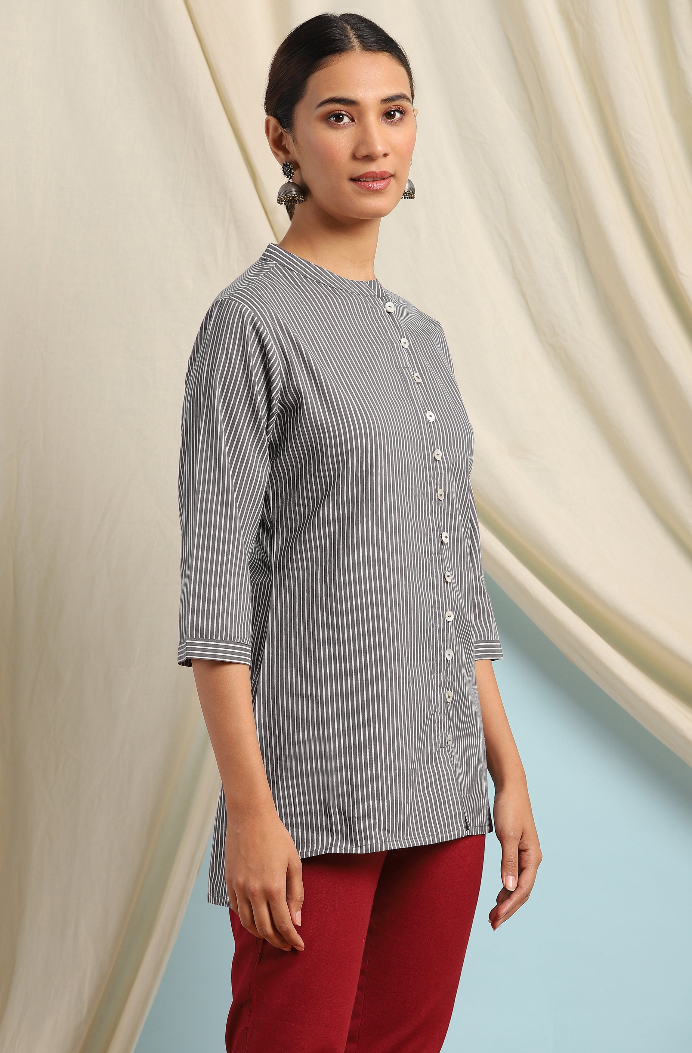 Janasya Women's Grey Cotton Striped High Low Tunic