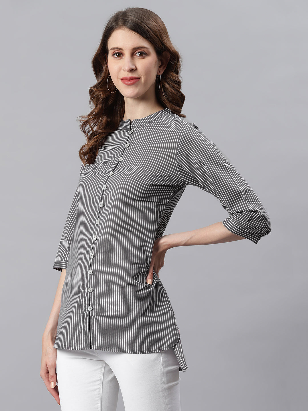 Janasya Women's Grey Cotton Striped High Low Tunic