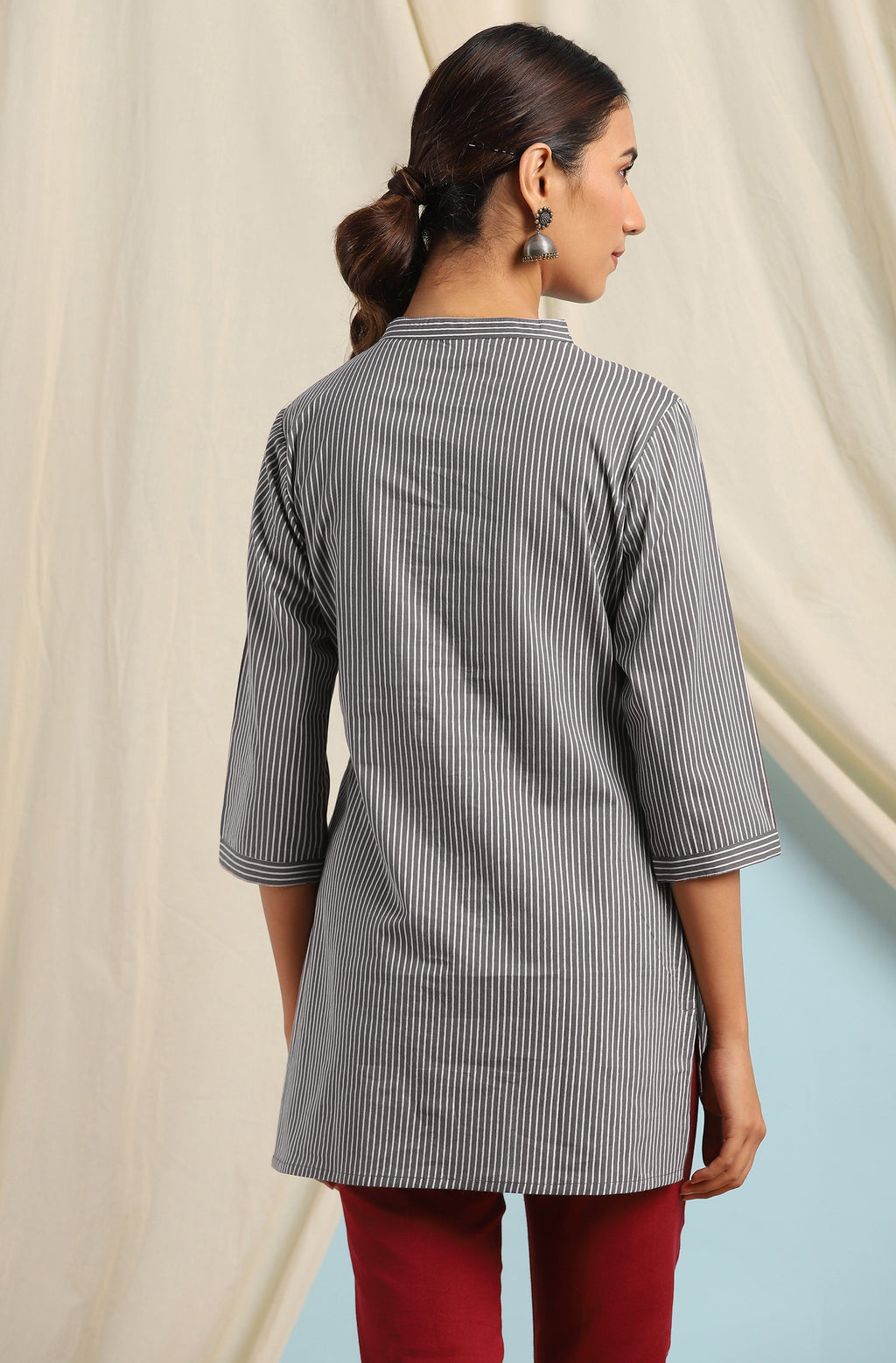 Janasya Women's Grey Cotton Striped High Low Tunic