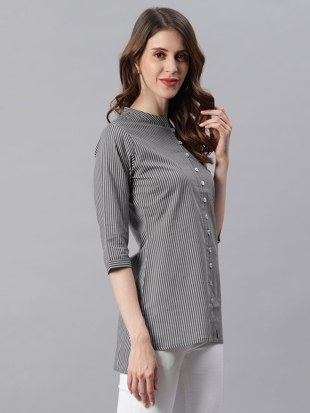 Janasya Women's Grey Cotton Striped High Low Tunic