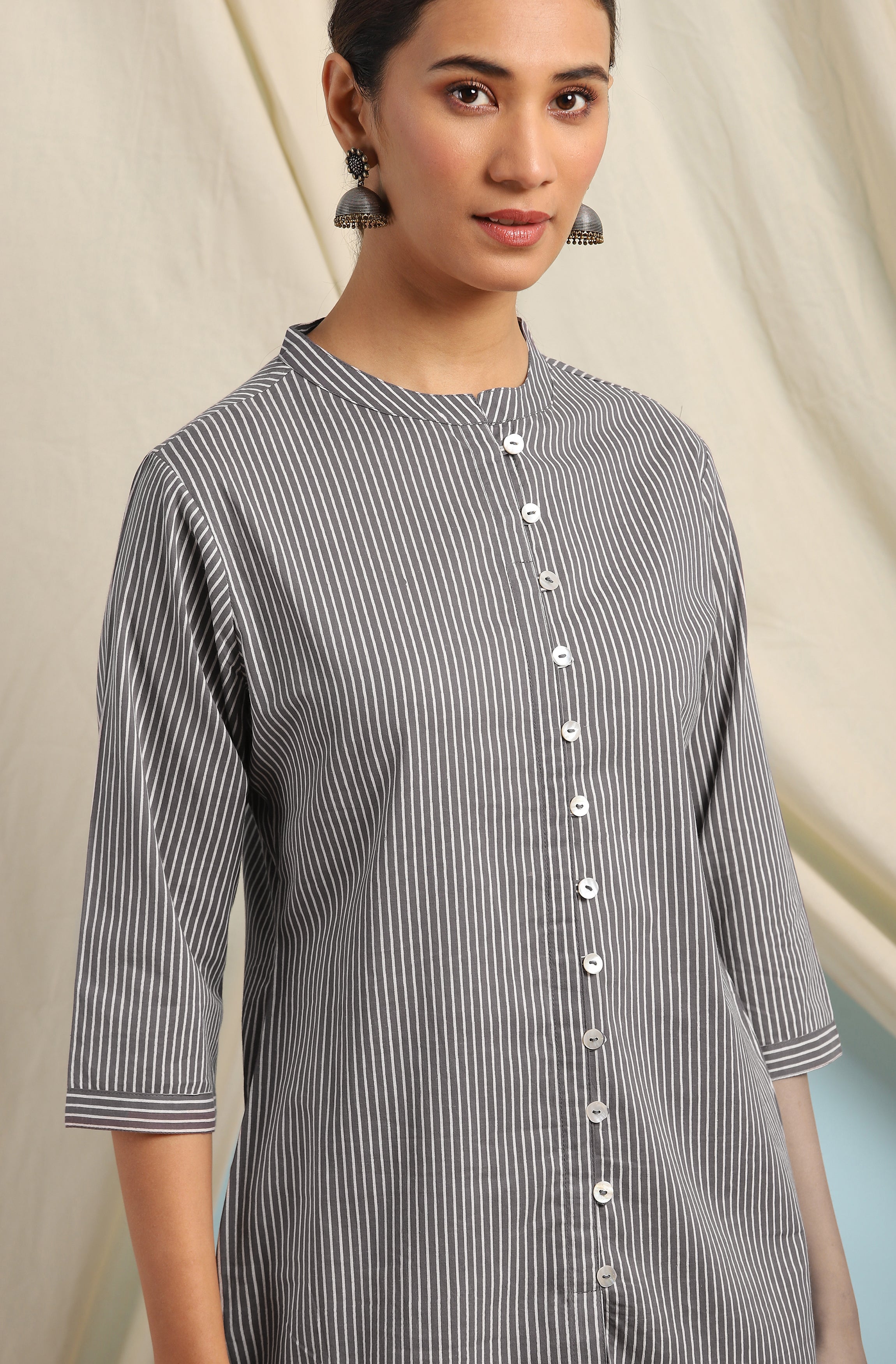 Janasya Women's Grey Cotton Striped High Low Tunic