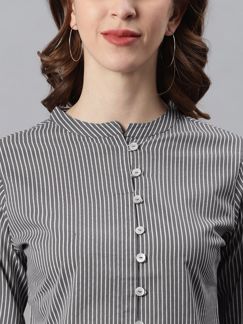 Janasya Women's Grey Cotton Striped High Low Tunic