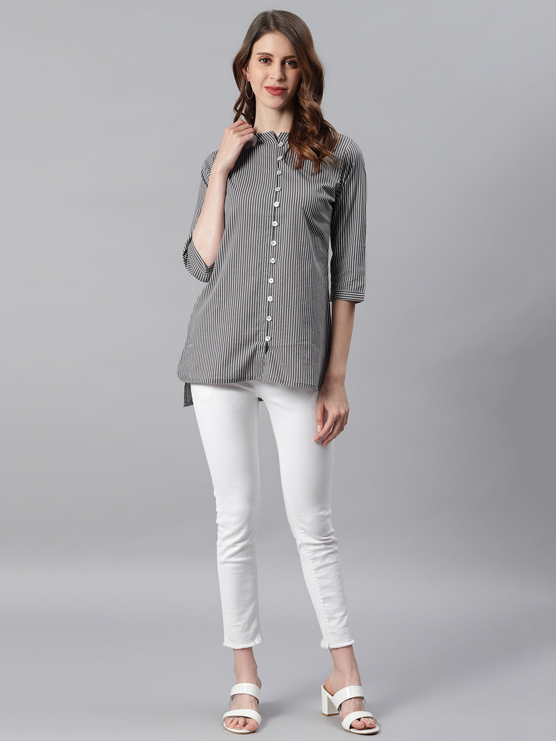 Janasya Women's Grey Cotton Striped High Low Tunic