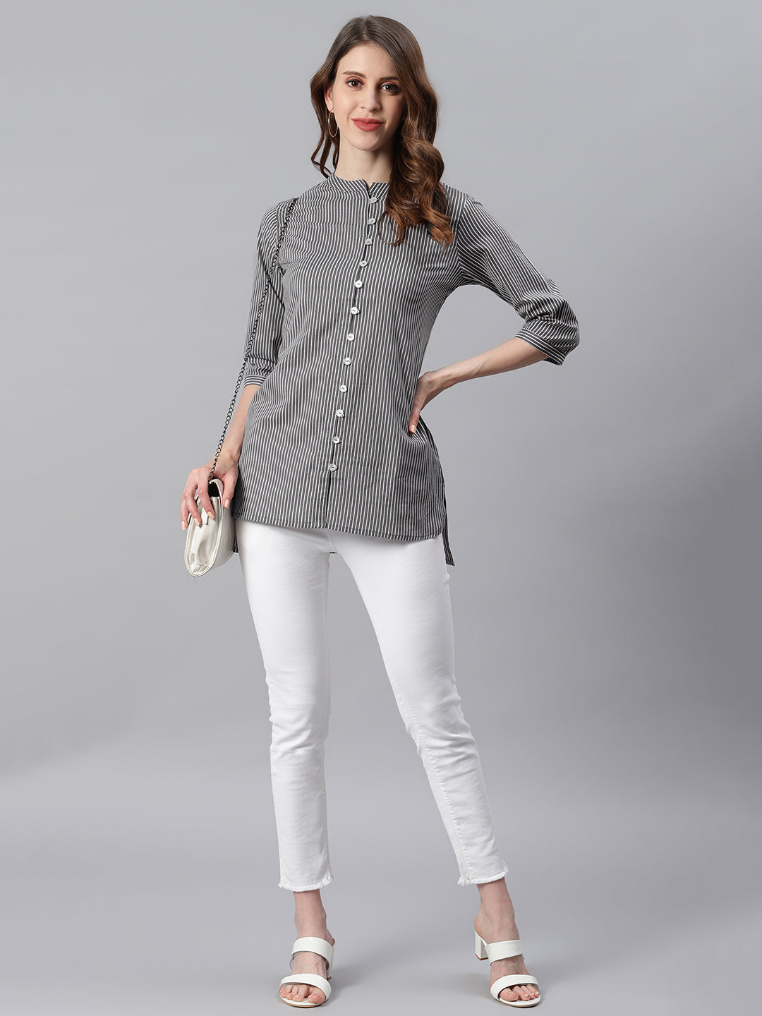 Janasya Women's Grey Cotton Striped High Low Tunic