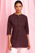 Janasya Women's Deep Blue Cotton Floral Print Straight Tunic