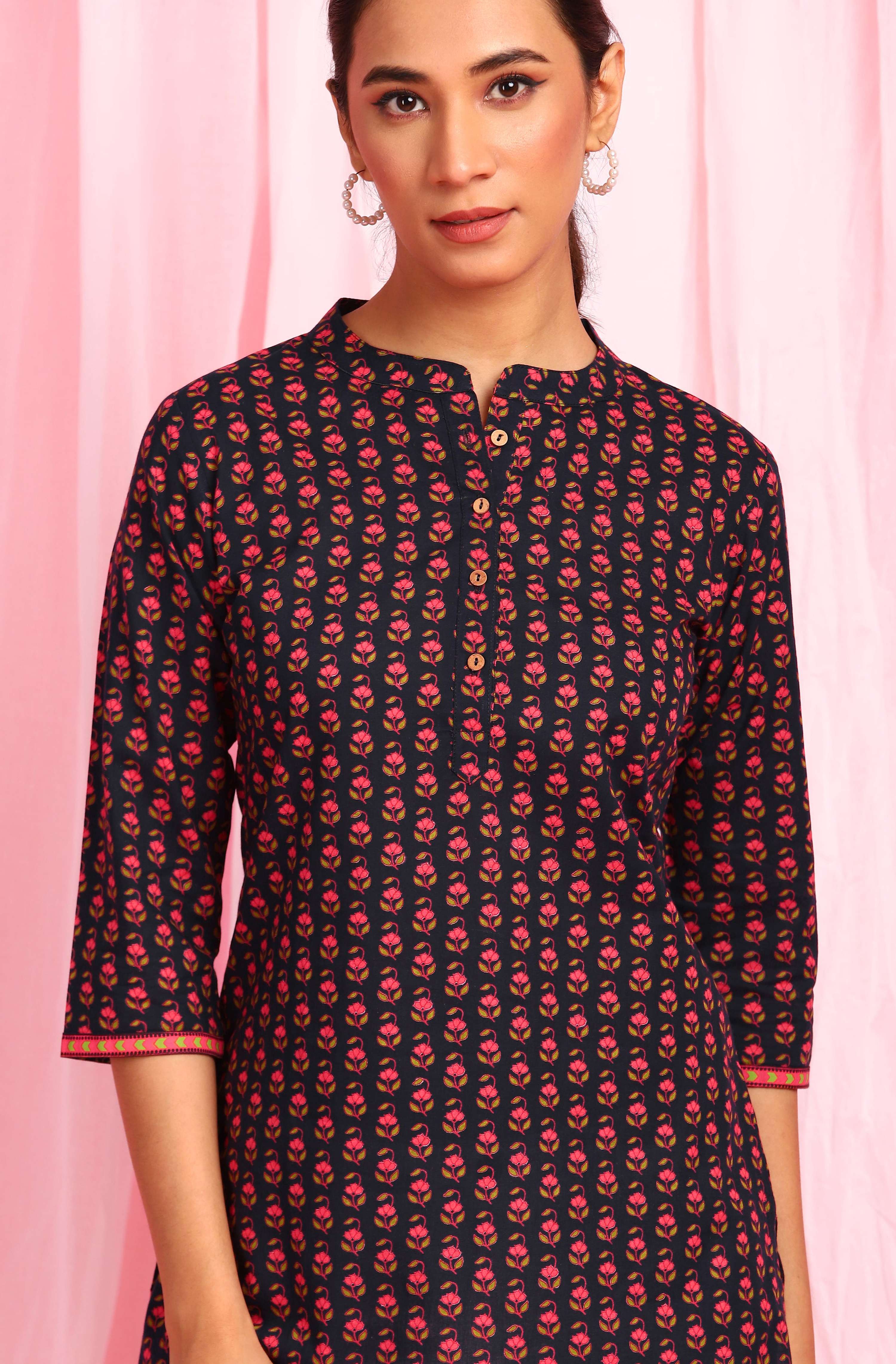 Janasya Women's Deep Blue Cotton Floral Print Straight Tunic