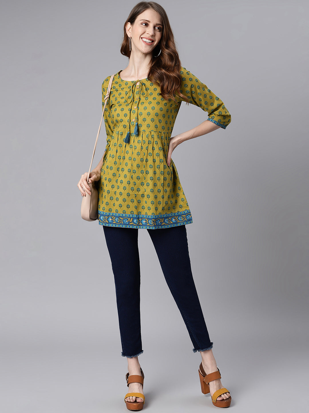 Janasya Women's Green Cotton Ethnic Motifs Empire Waist Tunic