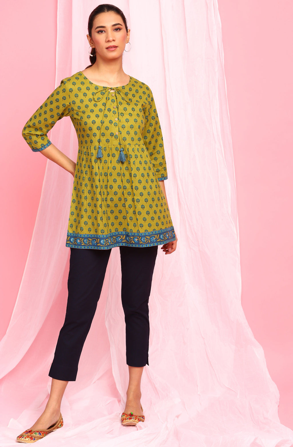 Janasya Women's Green Cotton Ethnic Motifs Empire Waist Tunic