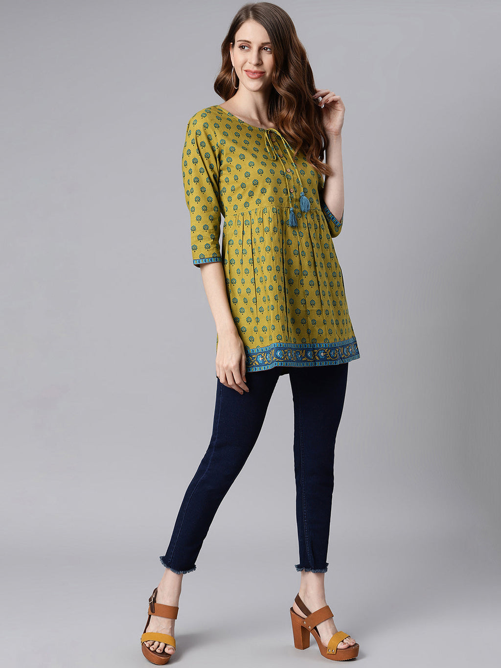 Janasya Women's Green Cotton Ethnic Motifs Empire Waist Tunic