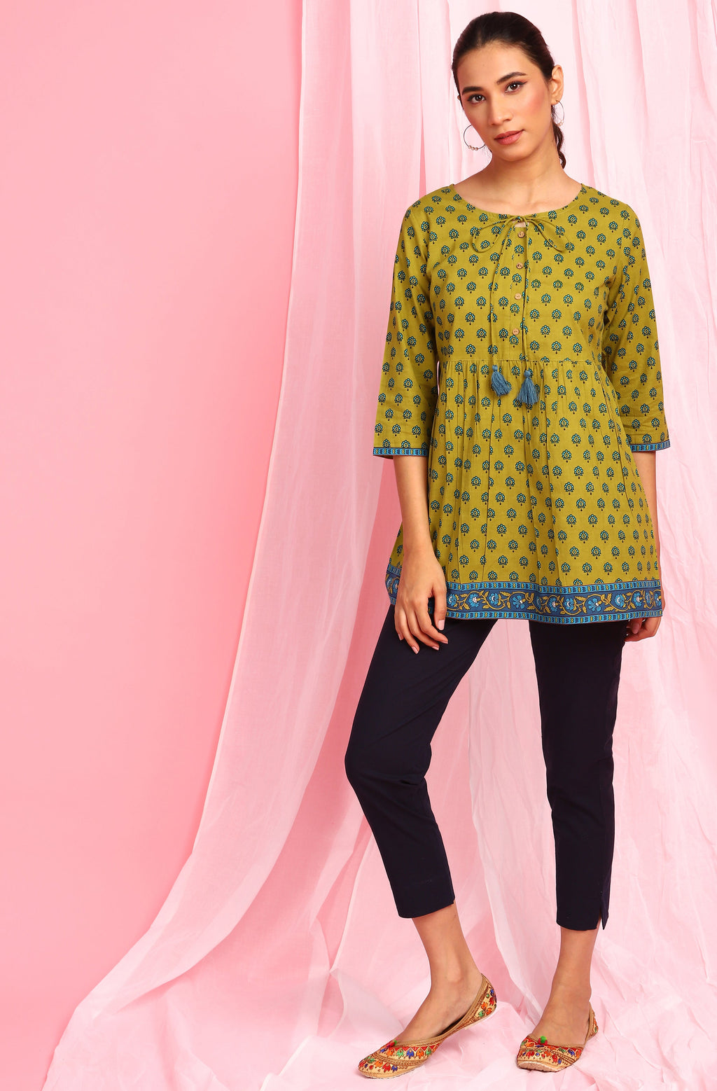Janasya Women's Green Cotton Ethnic Motifs Empire Waist Tunic