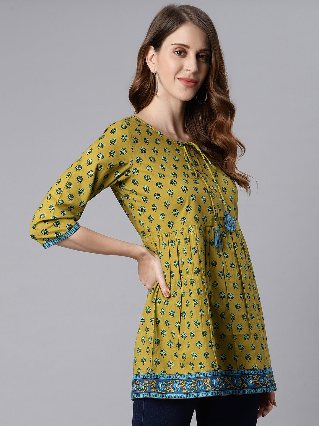 Janasya Women's Green Cotton Ethnic Motifs Empire Waist Tunic