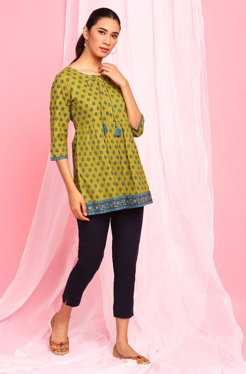 Janasya Women's Green Cotton Ethnic Motifs Empire Waist Tunic