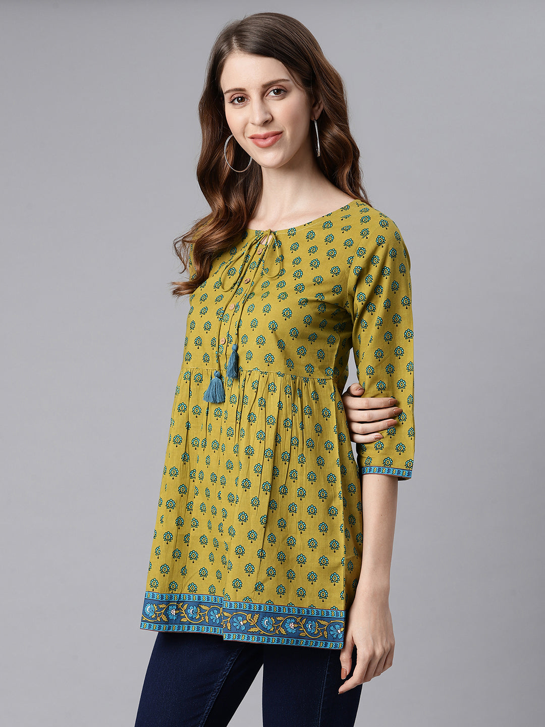 Janasya Women's Green Cotton Ethnic Motifs Empire Waist Tunic