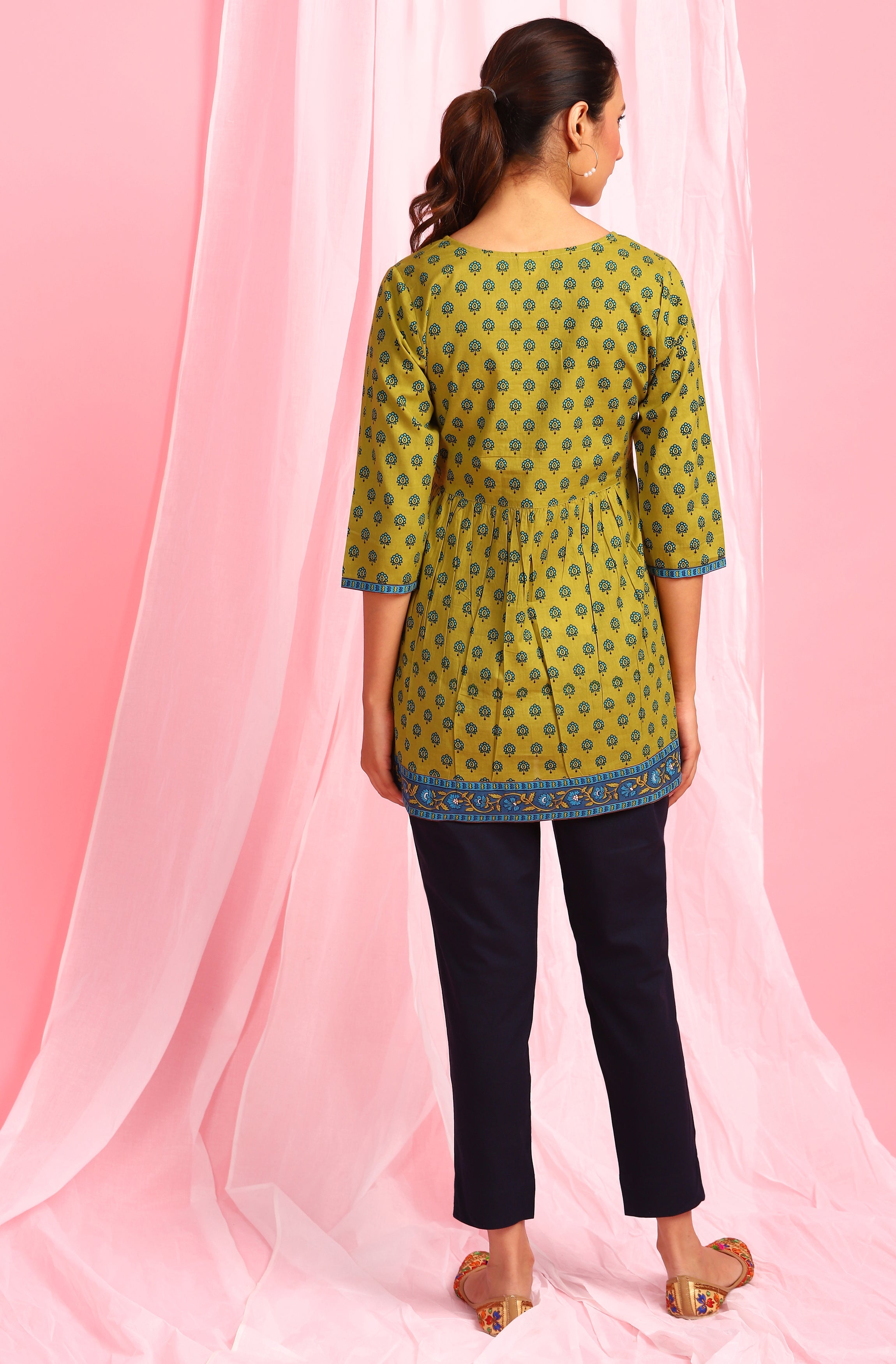 Janasya Women's Green Cotton Ethnic Motifs Empire Waist Tunic