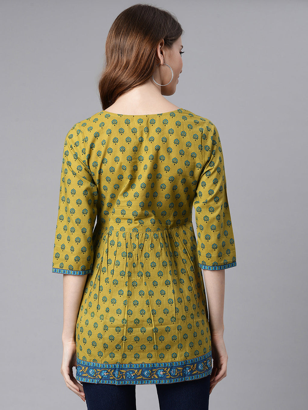 Janasya Women's Green Cotton Ethnic Motifs Empire Waist Tunic