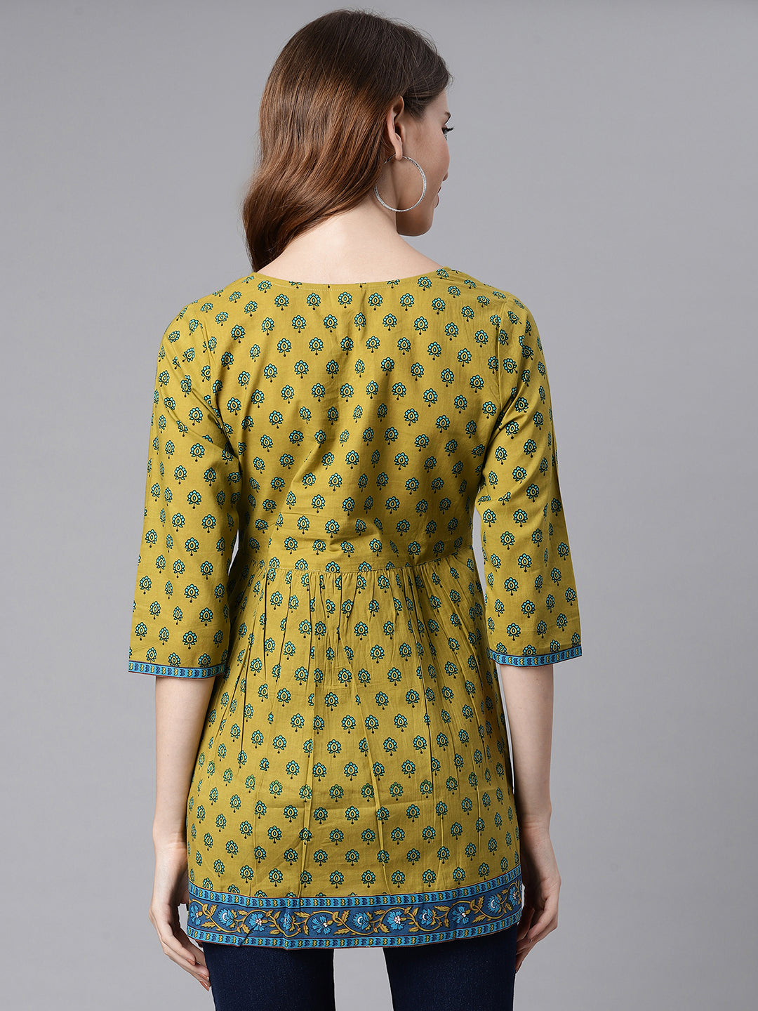 Janasya Women's Green Cotton Ethnic Motifs Empire Waist Tunic