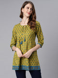Janasya Women's Green Cotton Ethnic Motifs Empire Waist Tunic