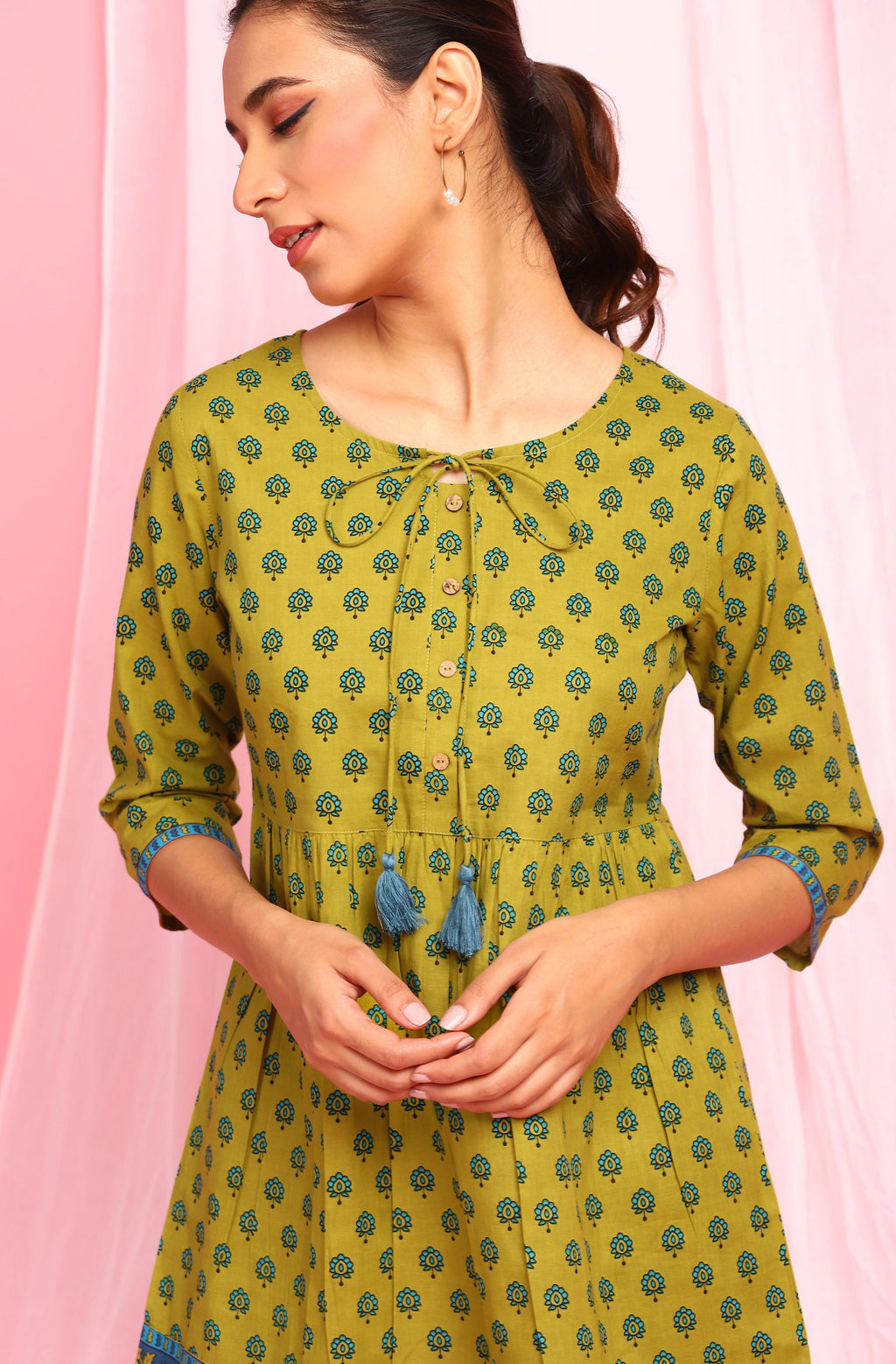 Janasya Women's Green Cotton Ethnic Motifs Empire Waist Tunic
