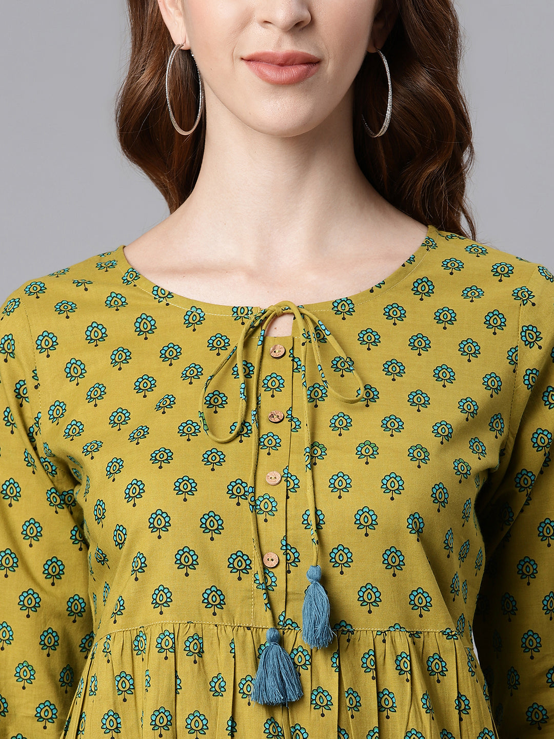 Janasya Women's Green Cotton Ethnic Motifs Empire Waist Tunic
