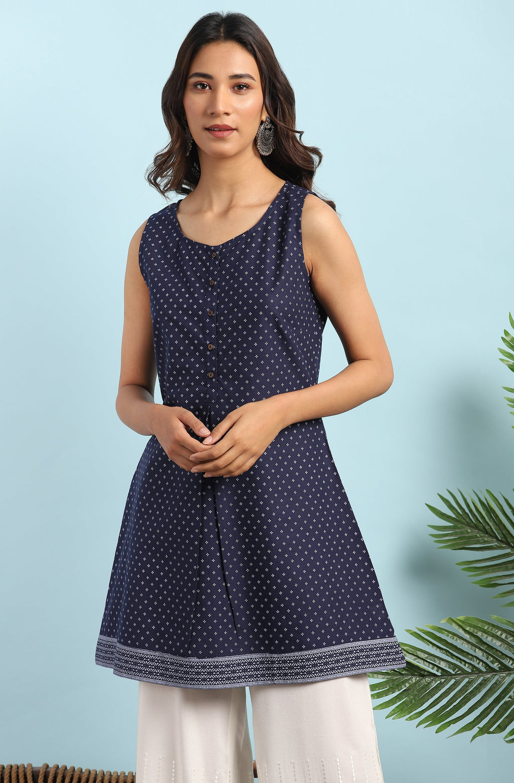 Janasya Women's Navy Blue Cotton Floral Print A-Line Tunic