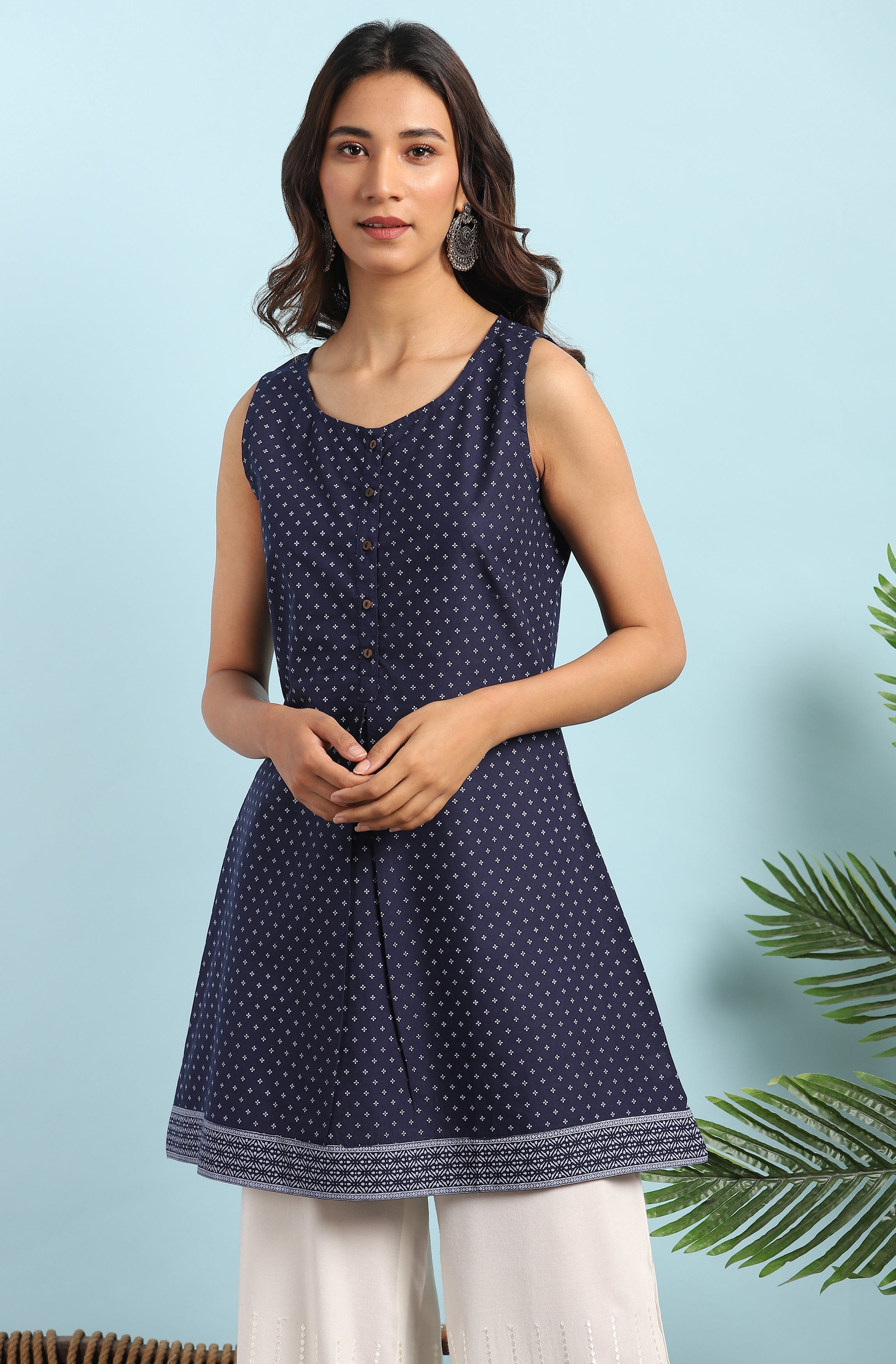 Janasya Women's Navy Blue Cotton Floral Print A-Line Tunic