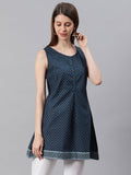 Janasya Women's Navy Blue Cotton Floral Print A-Line Tunic