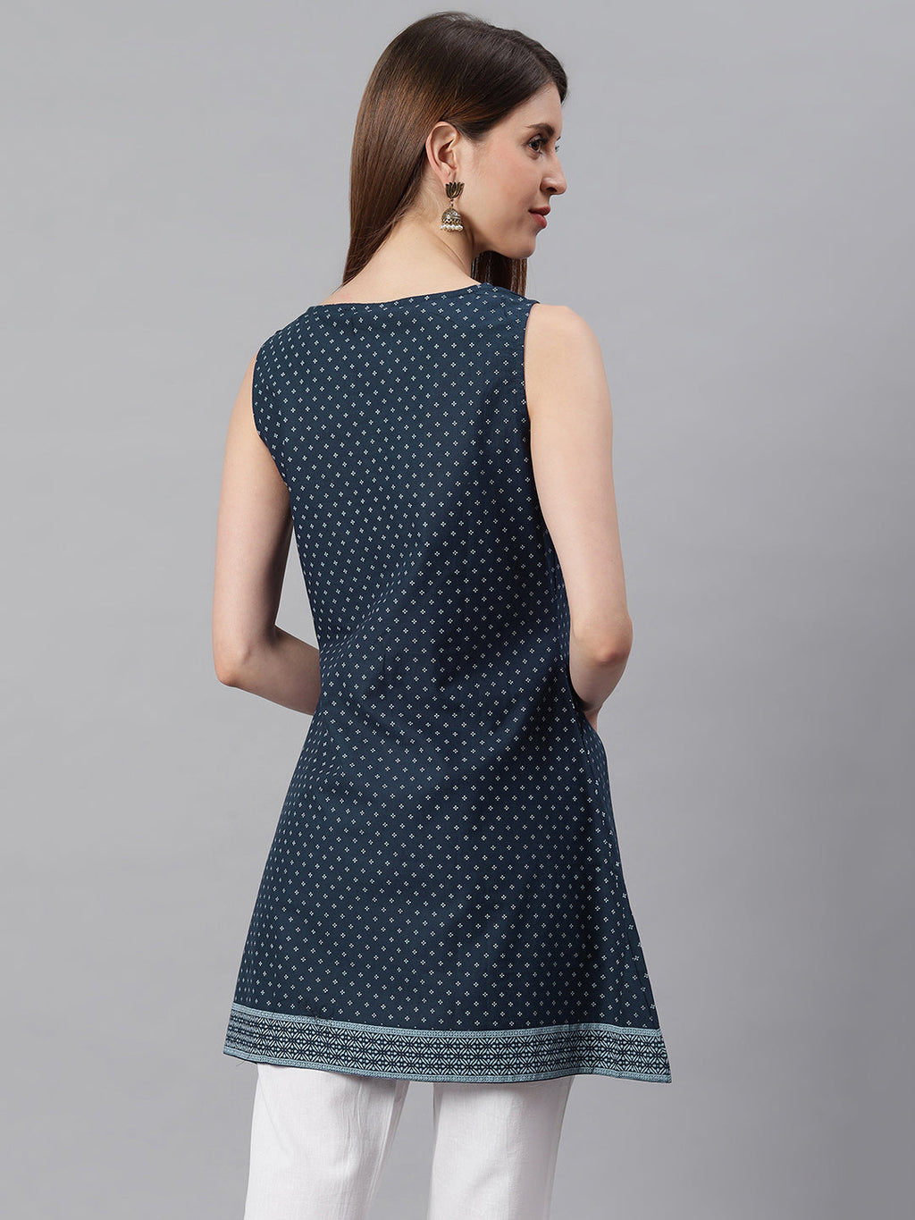 Janasya Women's Navy Blue Cotton Floral Print A-Line Tunic