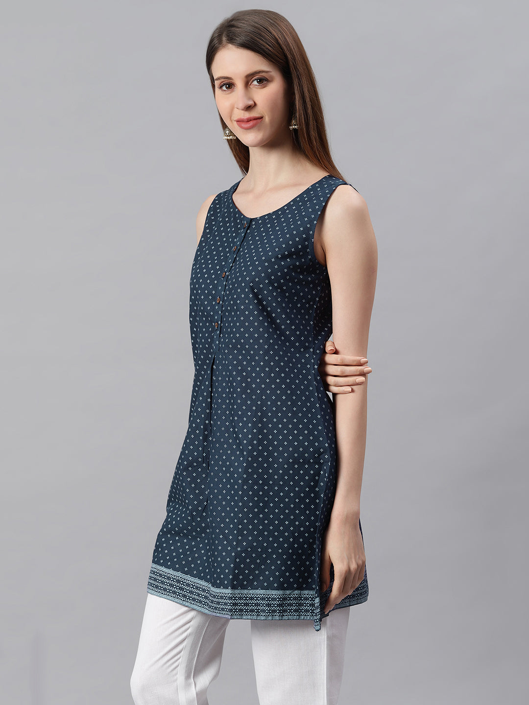 Janasya Women's Navy Blue Cotton Floral Print A-Line Tunic