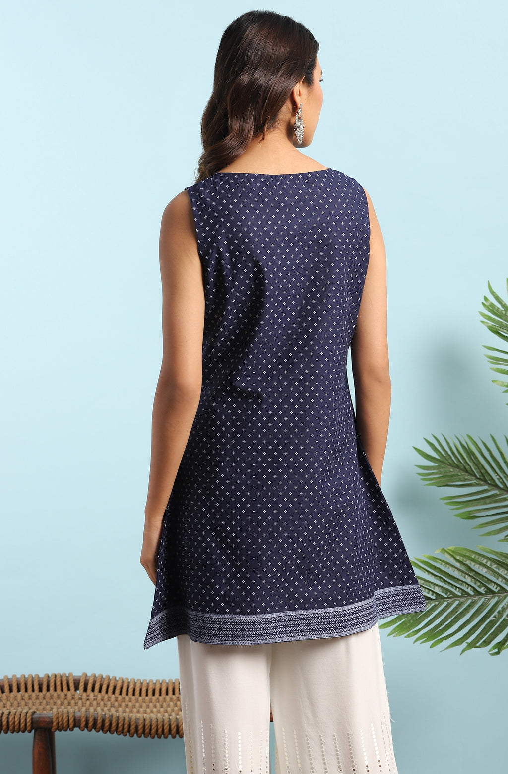 Janasya Women's Navy Blue Cotton Floral Print A-Line Tunic