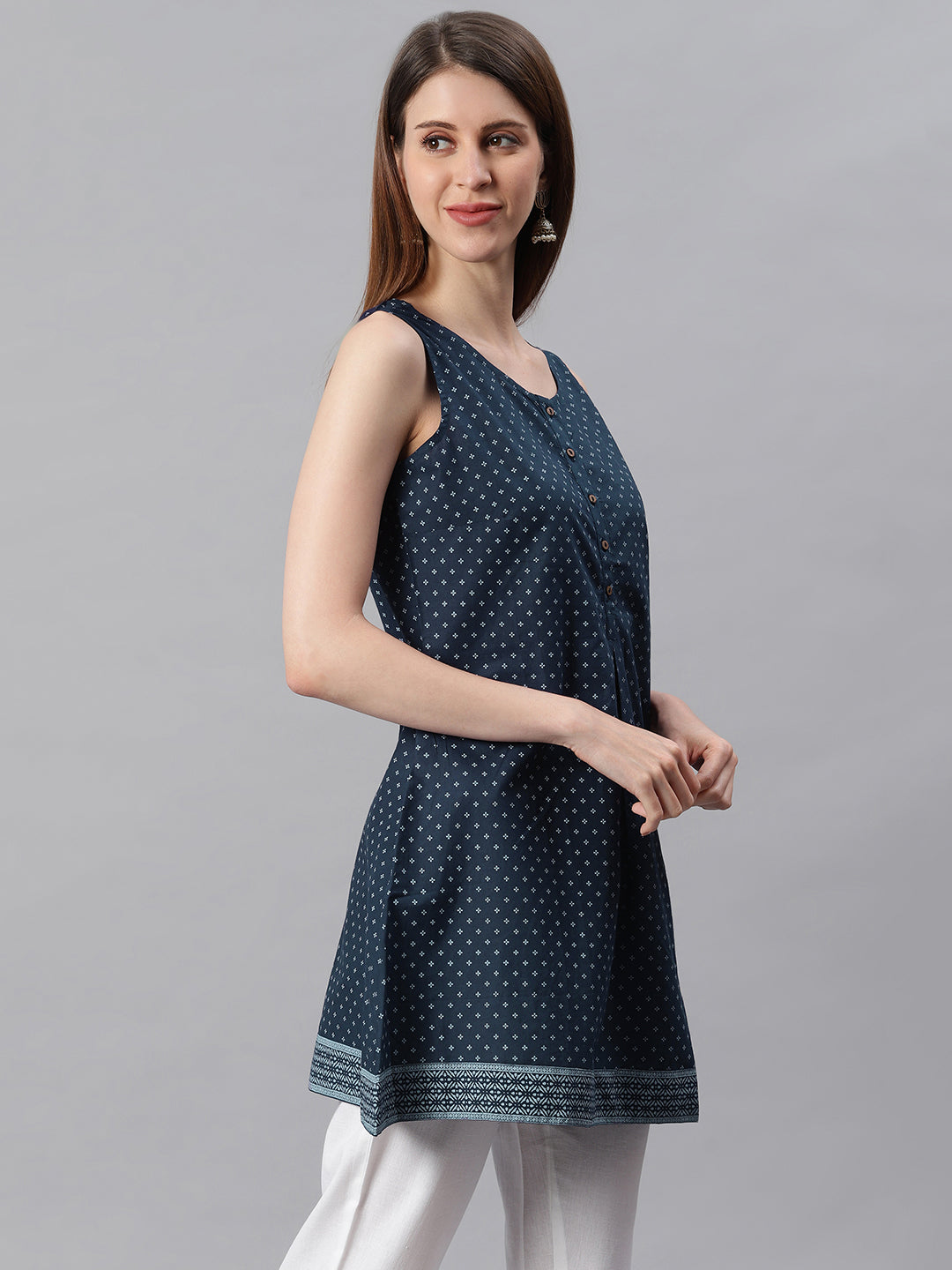 Janasya Women's Navy Blue Cotton Floral Print A-Line Tunic