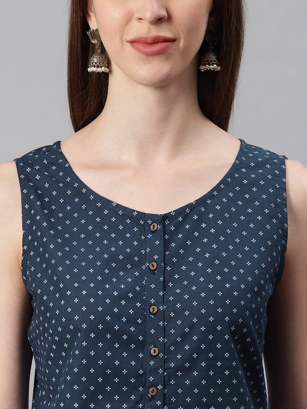 Janasya Women's Navy Blue Cotton Floral Print A-Line Tunic
