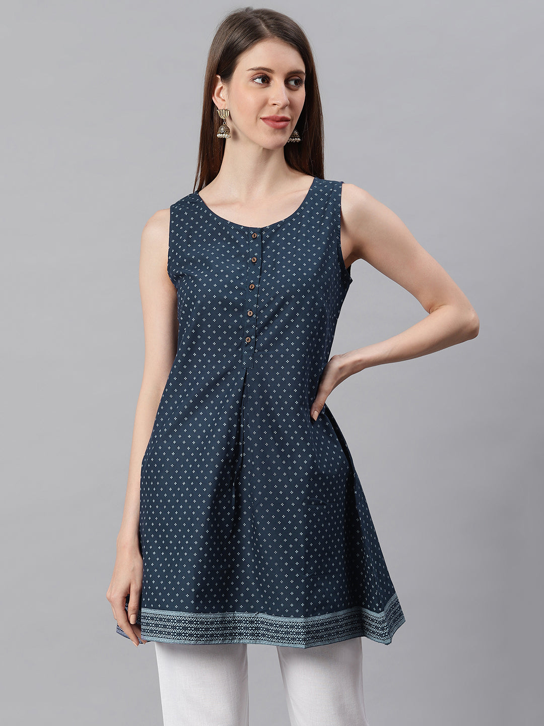 Janasya Women's Navy Blue Cotton Floral Print A-Line Tunic