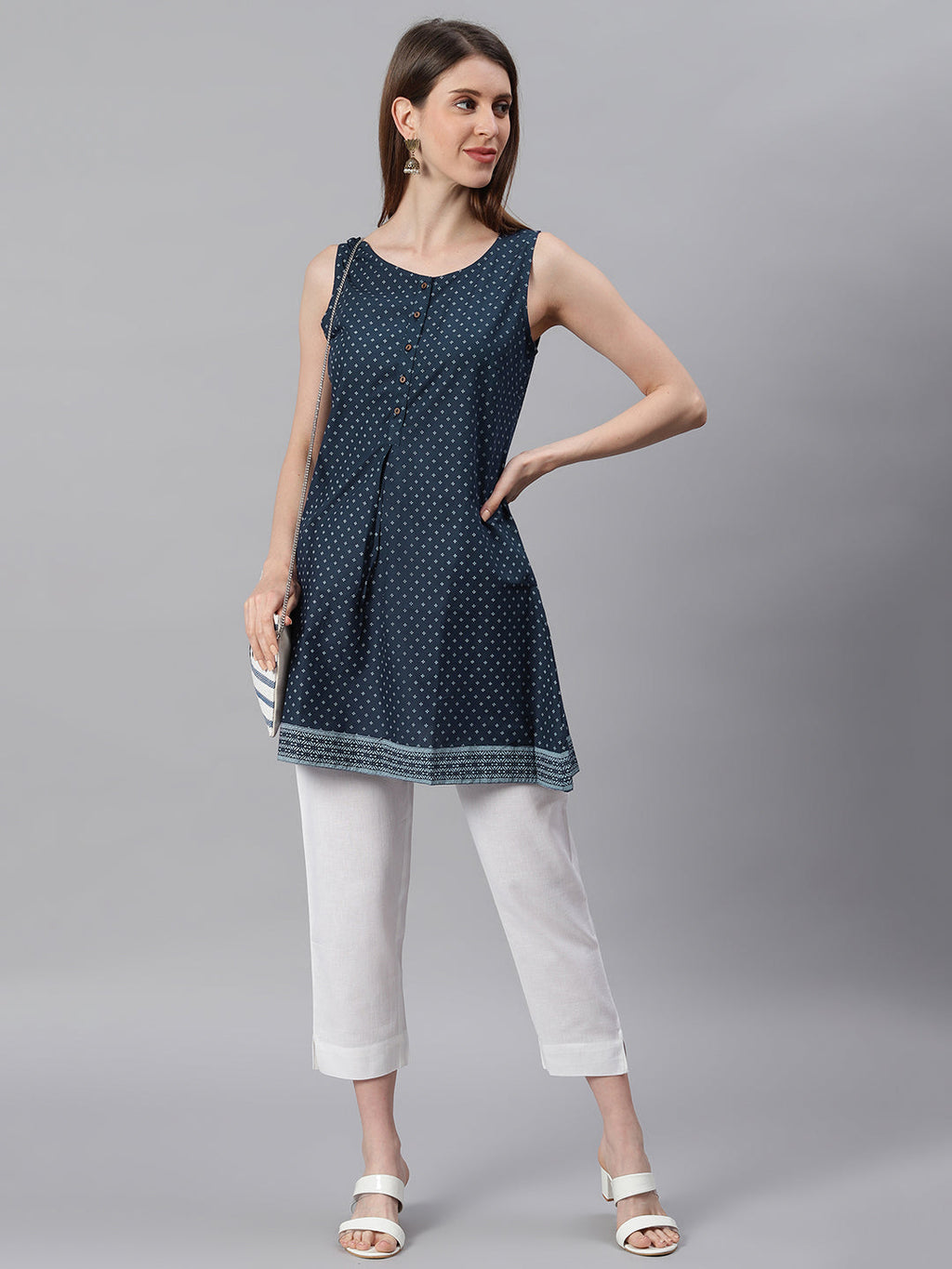Janasya Women's Navy Blue Cotton Floral Print A-Line Tunic