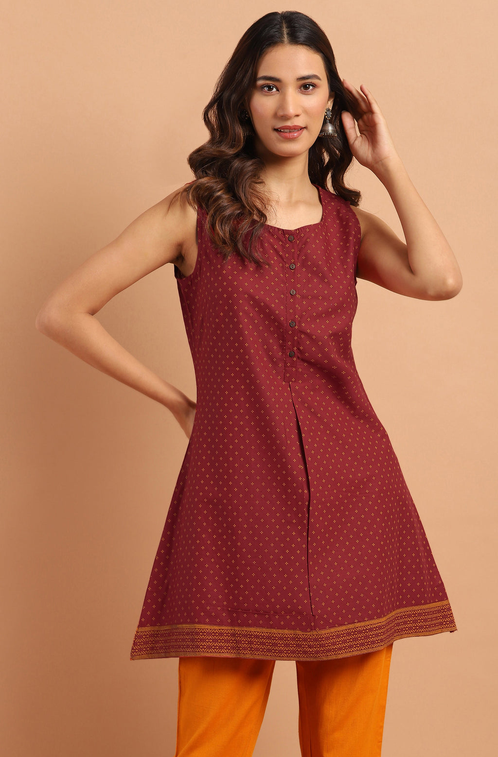 Janasya Women's Maroon Cotton Floral Print A-Line Tunic