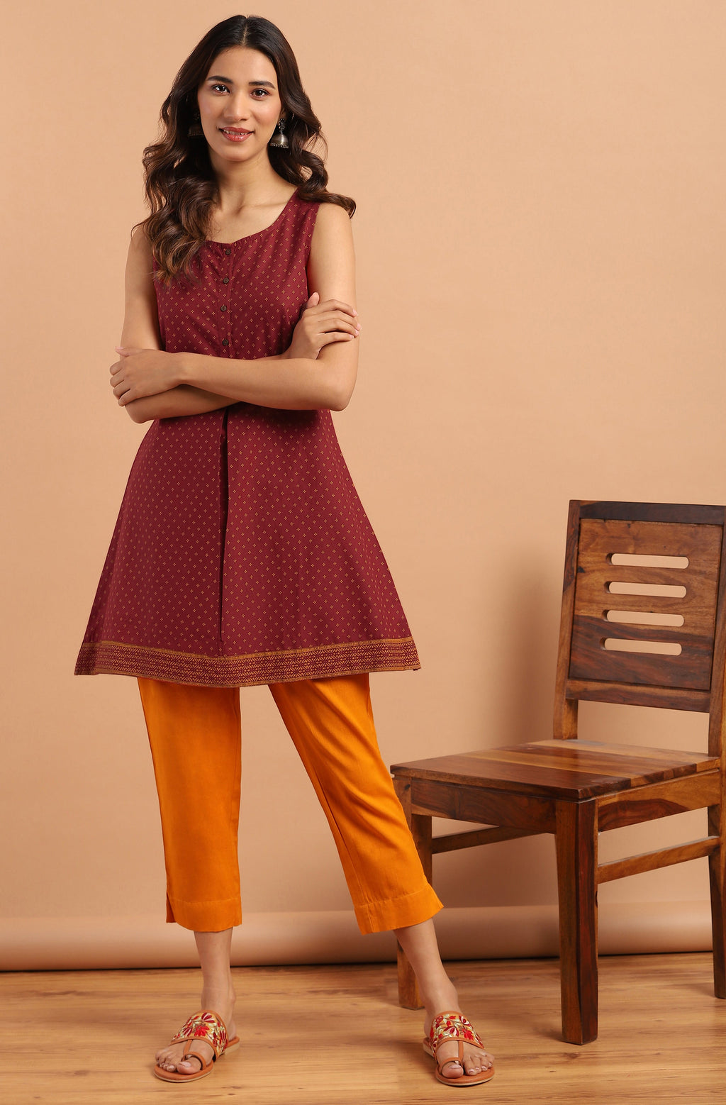 Janasya Women's Maroon Cotton Floral Print A-Line Tunic