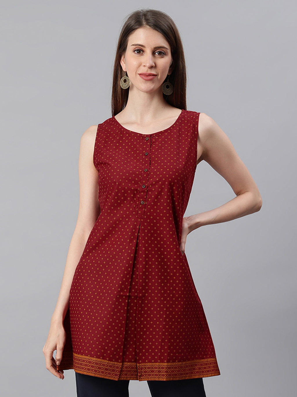 Janasya Women's Maroon Cotton Floral Print A-Line Tunic