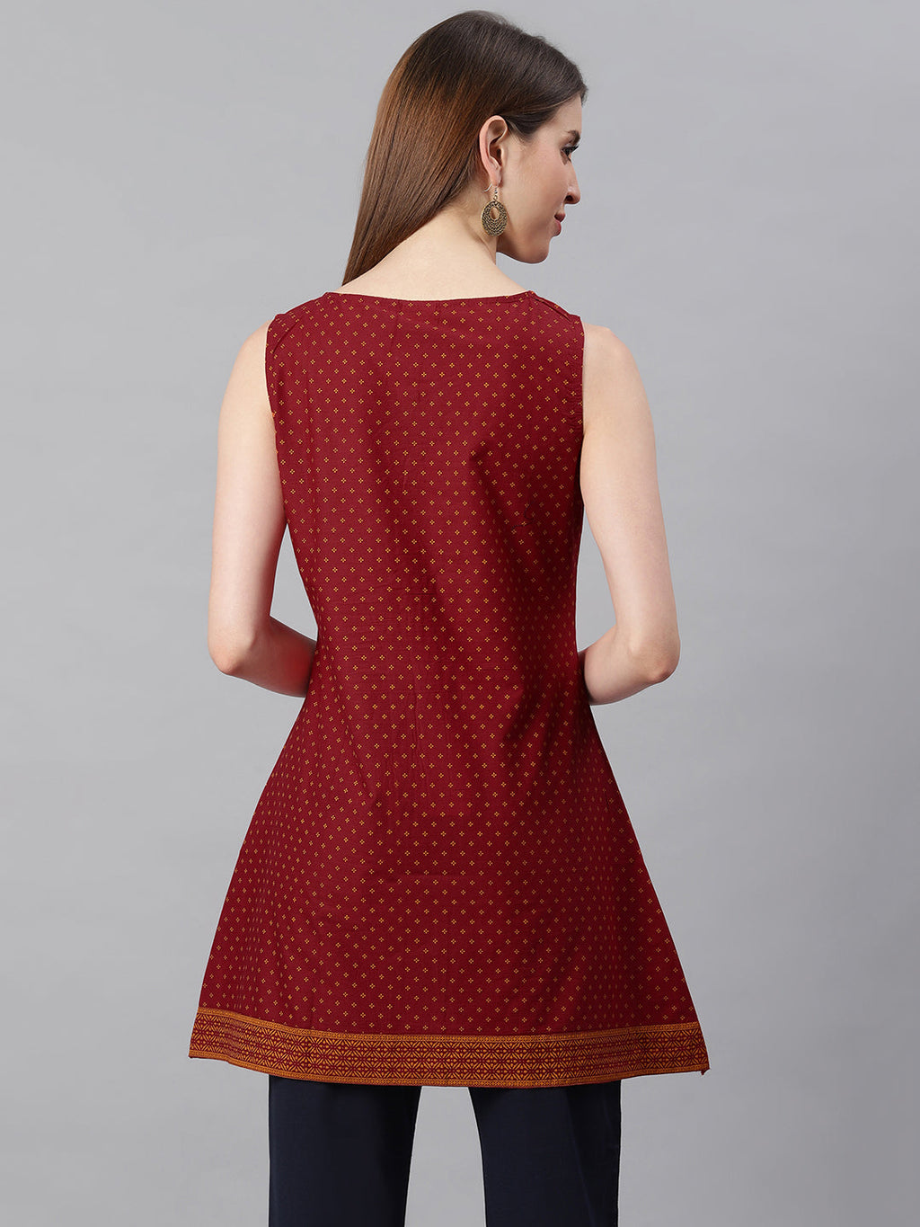 Janasya Women's Maroon Cotton Floral Print A-Line Tunic