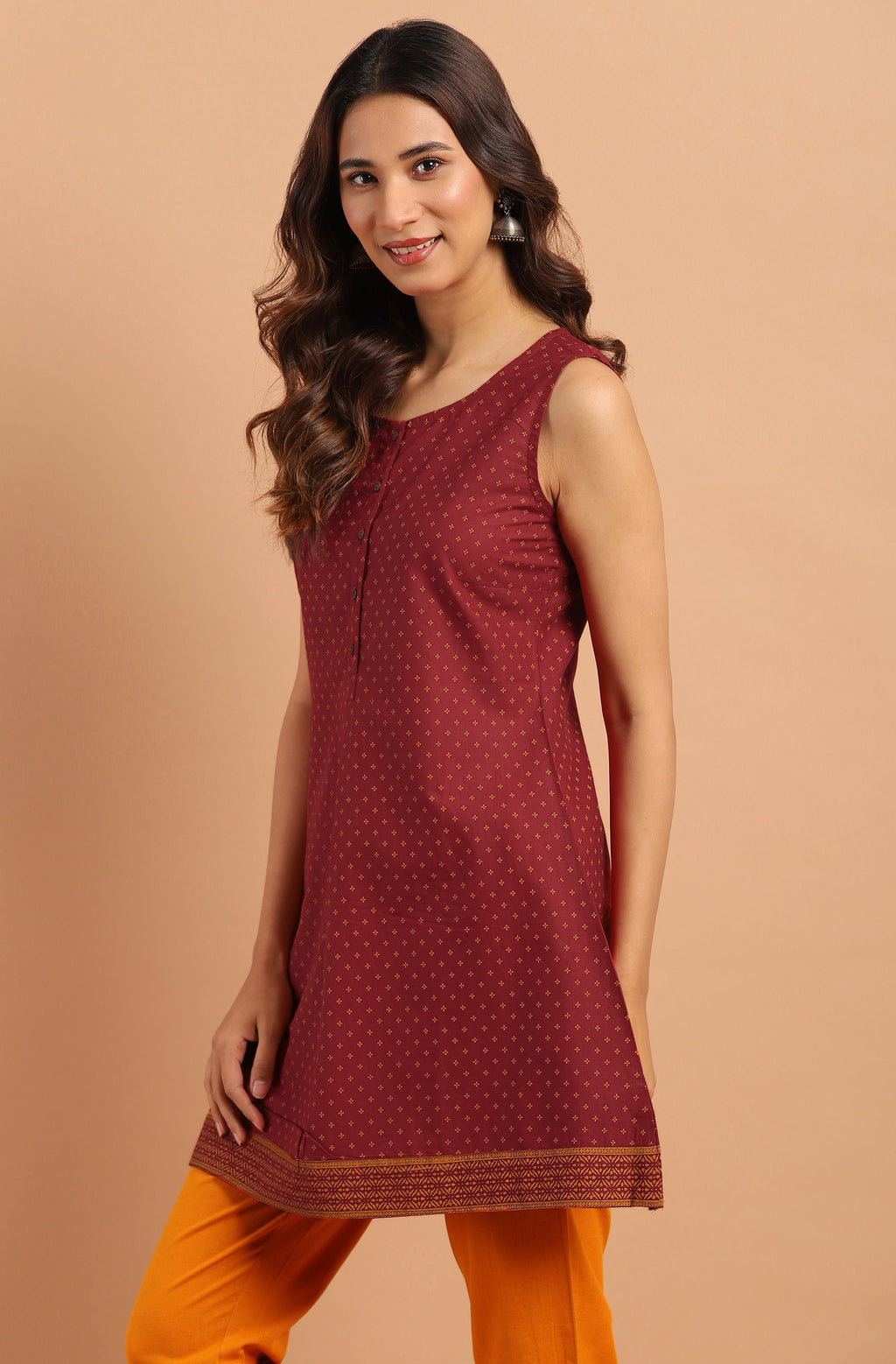 Janasya Women's Maroon Cotton Floral Print A-Line Tunic