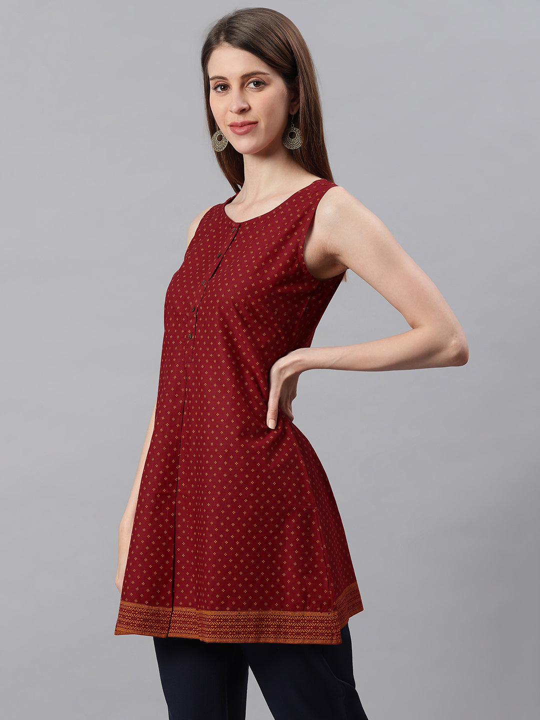 Janasya Women's Maroon Cotton Floral Print A-Line Tunic