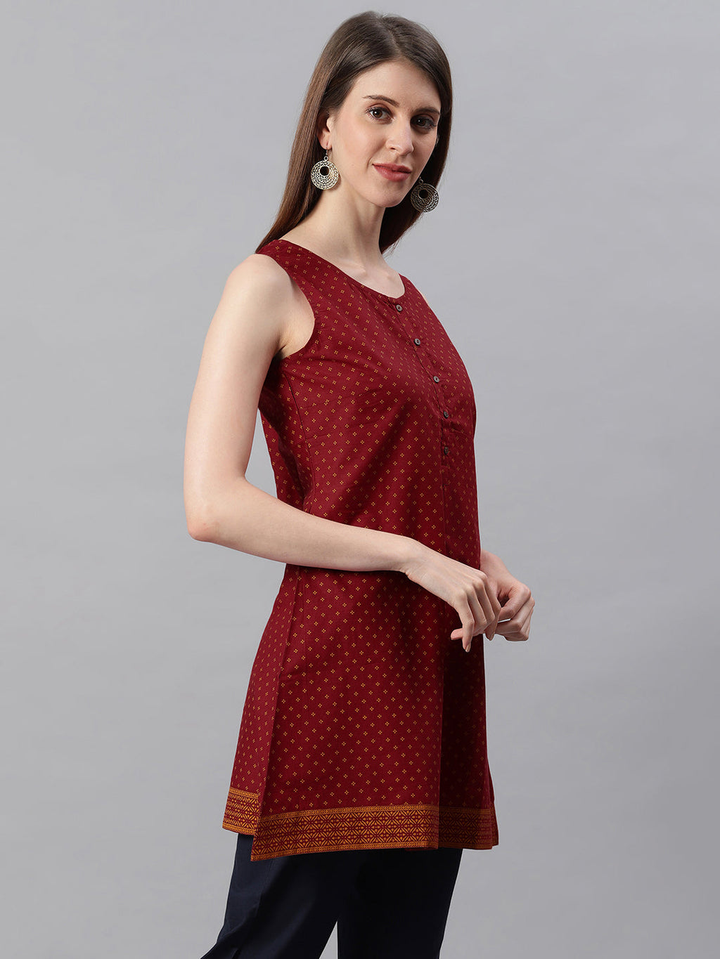 Janasya Women's Maroon Cotton Floral Print A-Line Tunic