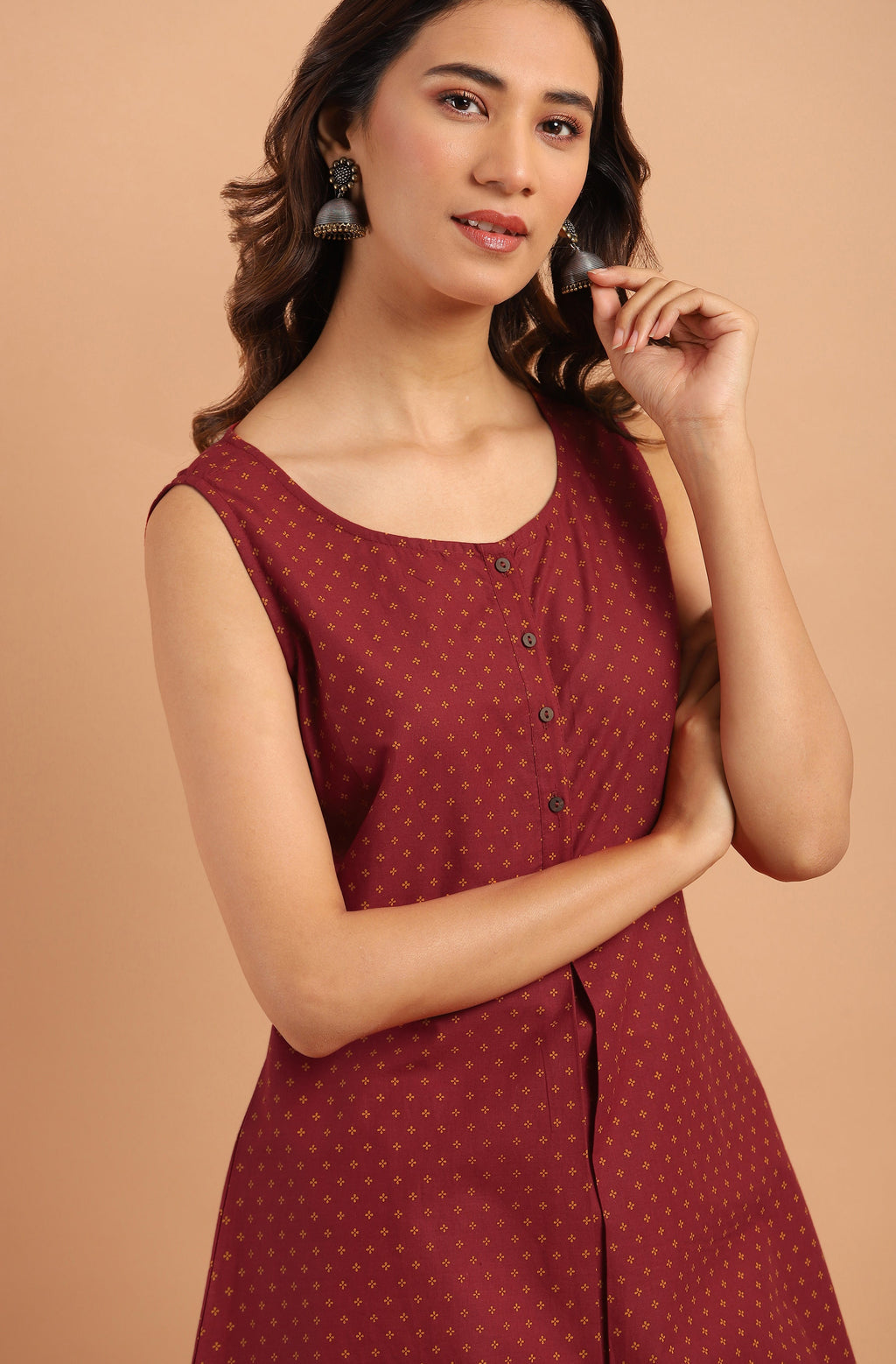 Janasya Women's Maroon Cotton Floral Print A-Line Tunic