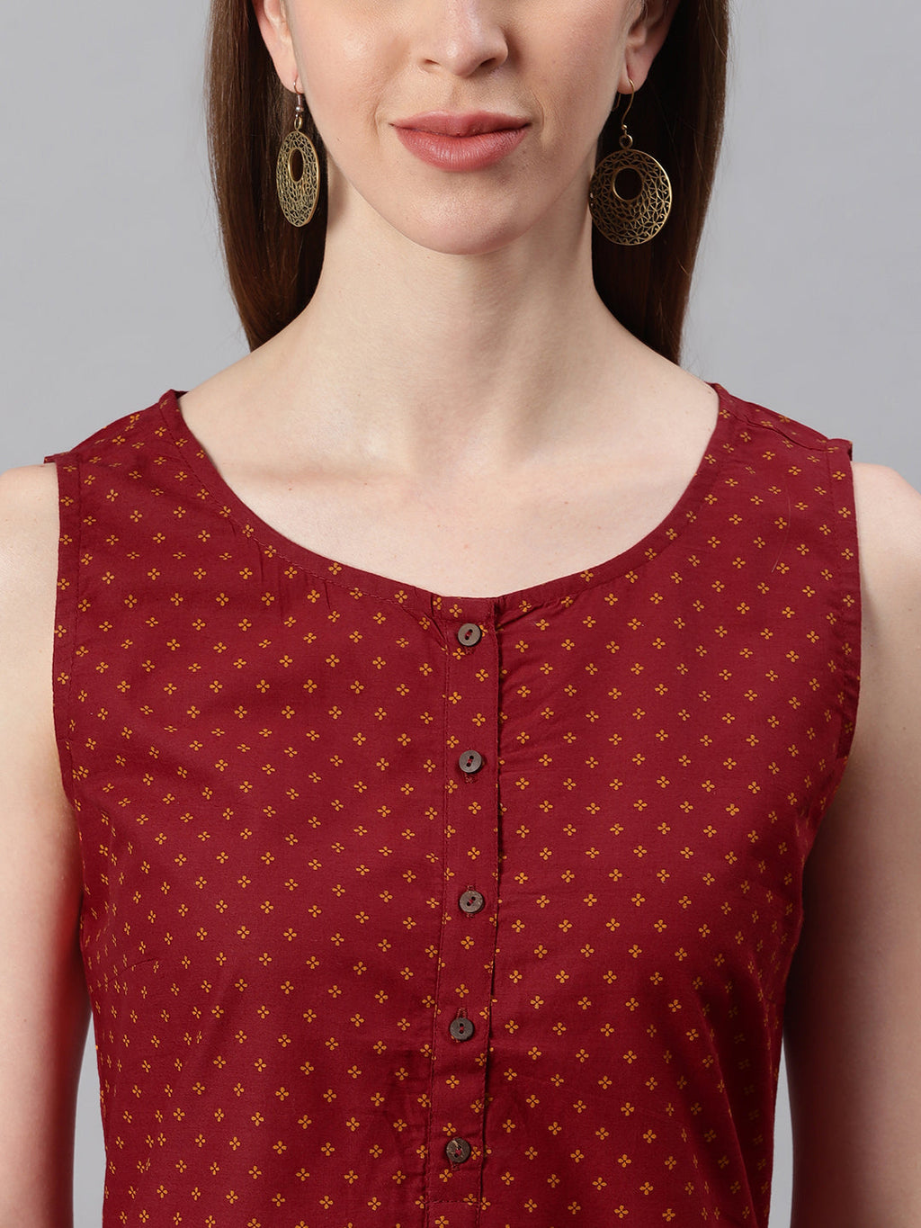 Janasya Women's Maroon Cotton Floral Print A-Line Tunic
