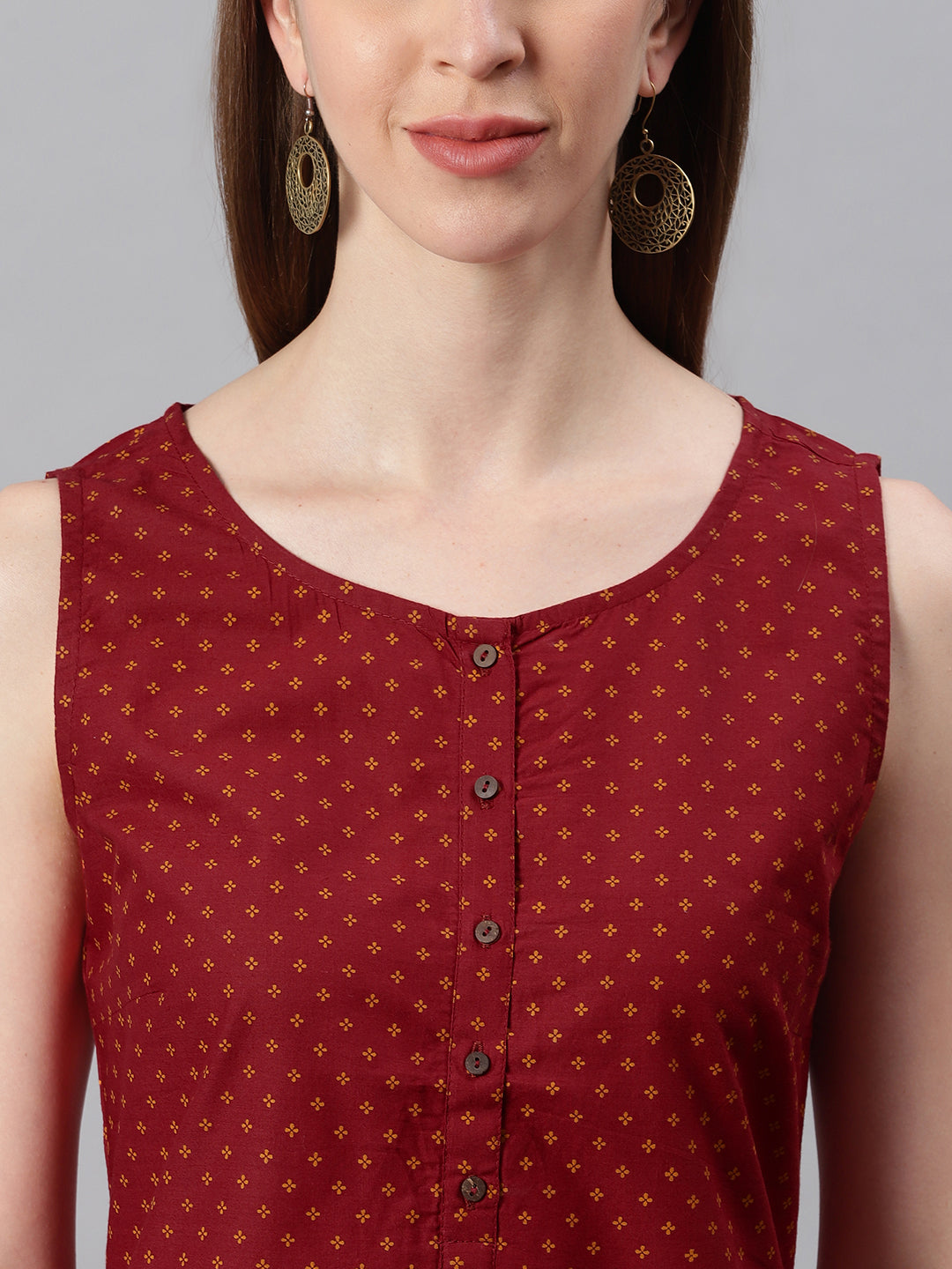 Janasya Women's Maroon Cotton Floral Print A-Line Tunic