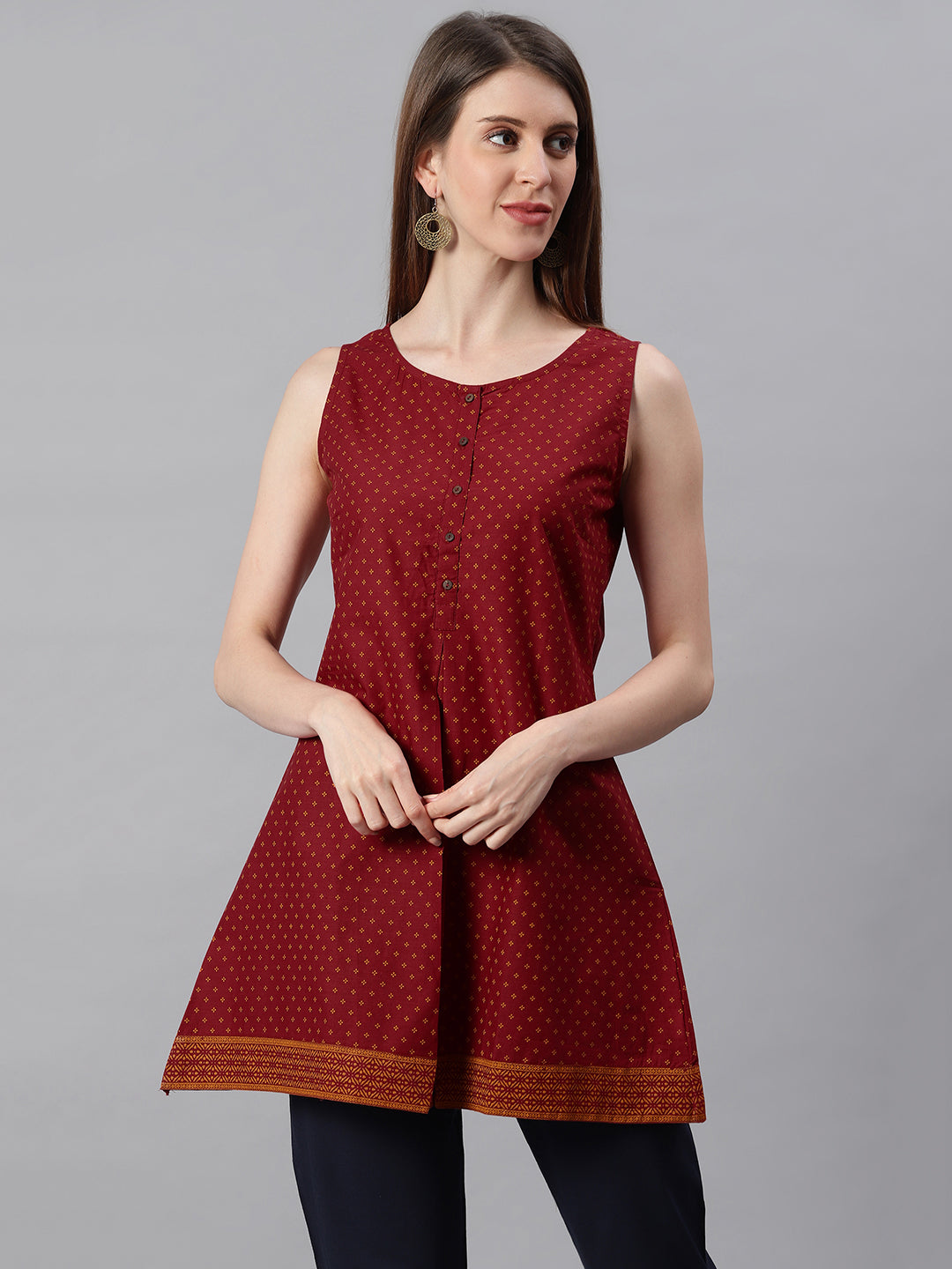 Janasya Women's Maroon Cotton Floral Print A-Line Tunic